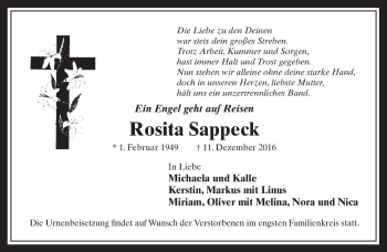 Anzeige von Rosita Sappeck von  Werbepost 