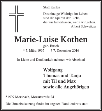 Anzeige von Marie-Luise Kothen von  Lokalanzeiger 