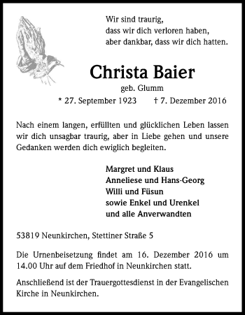Anzeige von Christa Baier von Kölner Stadt-Anzeiger / Kölnische Rundschau / Express