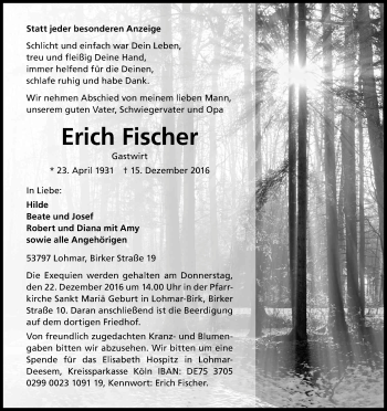 Anzeige von Erich Fischer von Kölner Stadt-Anzeiger / Kölnische Rundschau / Express