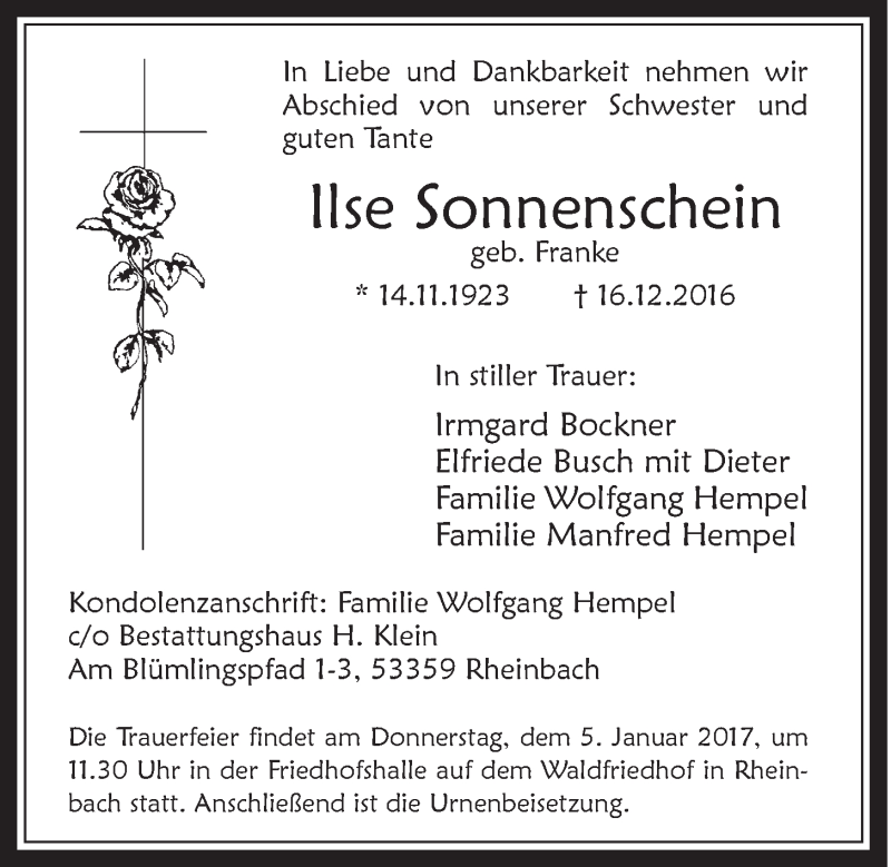  Traueranzeige für Ilse Sonnenschein vom 28.12.2016 aus  Schaufenster/Blickpunkt 