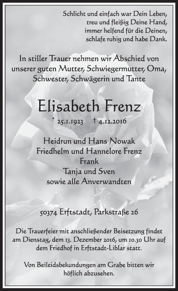  Traueranzeige für Elisabeth Frenz vom 10.12.2016 aus  Sonntags-Post 