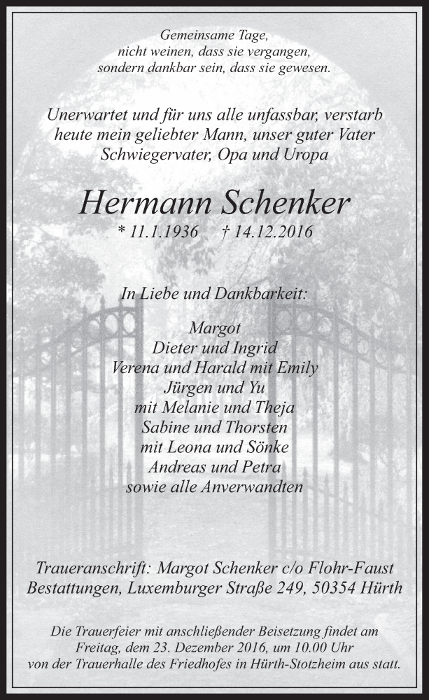  Traueranzeige für Hermann Schenker vom 21.12.2016 aus  Wochenende 