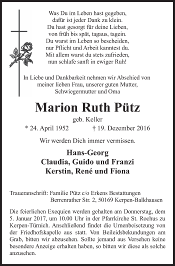 Anzeige von Marion Ruth Pütz von  Sonntags-Post 