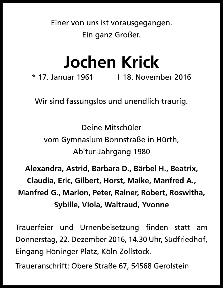  Traueranzeige für Jochen Krick vom 20.12.2016 aus Kölner Stadt-Anzeiger / Kölnische Rundschau / Express