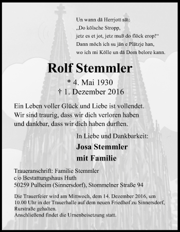 Anzeige von Rolf Stemmler von Kölner Stadt-Anzeiger / Kölnische Rundschau / Express