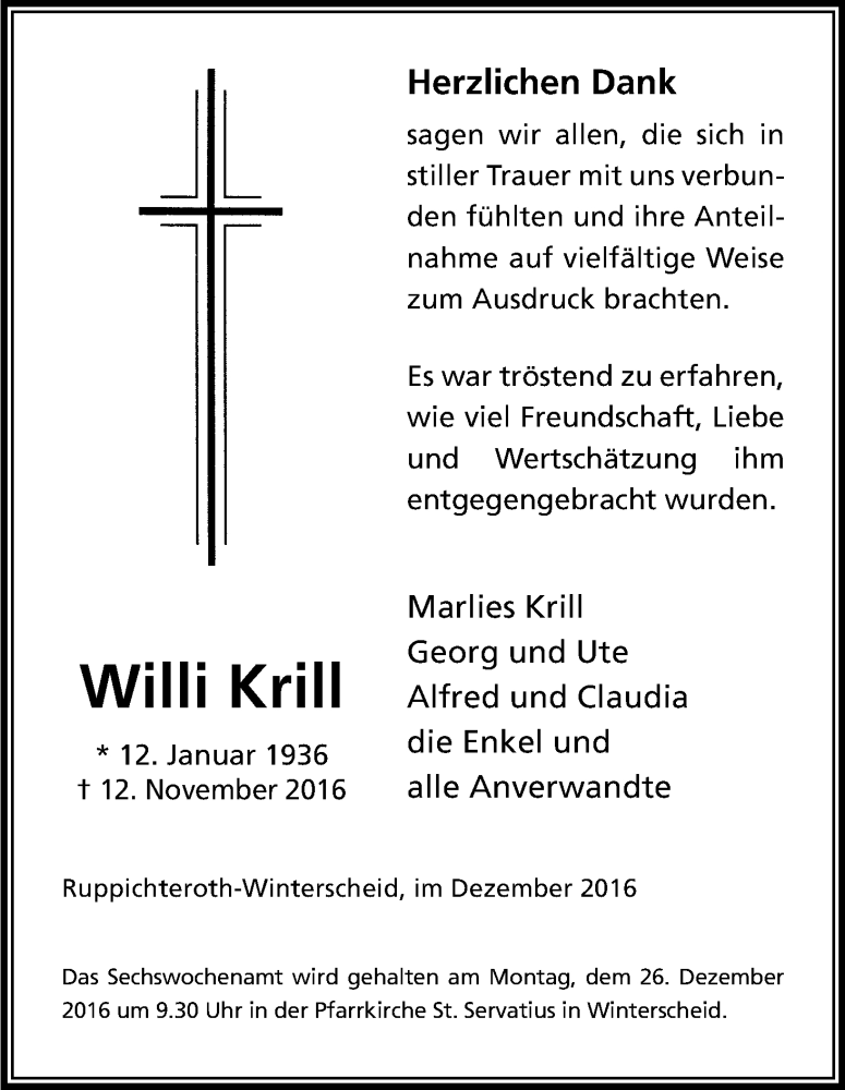  Traueranzeige für Willi Krill vom 16.12.2016 aus Kölner Stadt-Anzeiger / Kölnische Rundschau / Express