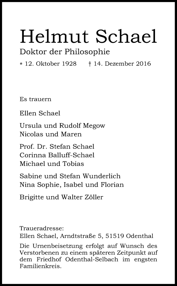  Traueranzeige für Helmut Schael vom 24.12.2016 aus Kölner Stadt-Anzeiger / Kölnische Rundschau / Express