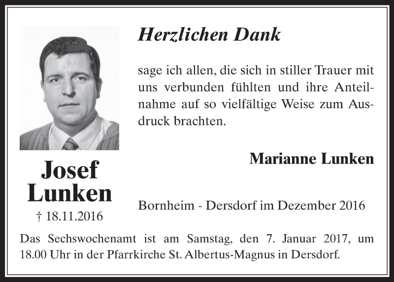  Traueranzeige für Josef Lunken vom 14.12.2016 aus  Schaufenster/Blickpunkt 