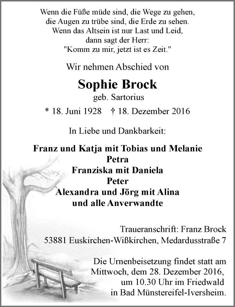  Traueranzeige für Sophie Brock vom 24.12.2016 aus  Blickpunkt Euskirchen 