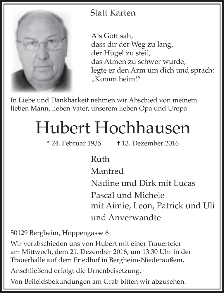  Traueranzeige für Hubert Hochhausen vom 17.12.2016 aus  Sonntags-Post 