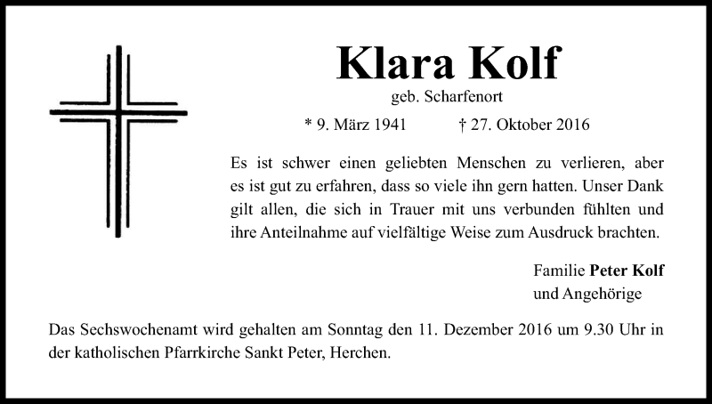 Traueranzeige für Klara Kolf vom 03.12.2016 aus Kölner Stadt-Anzeiger / Kölnische Rundschau / Express