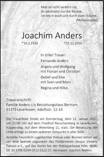 Anzeige von Joachim Anders von Kölner Stadt-Anzeiger / Kölnische Rundschau / Express