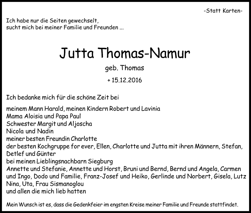  Traueranzeige für Jutta Thomas-Namur vom 17.12.2016 aus Kölner Stadt-Anzeiger / Kölnische Rundschau / Express