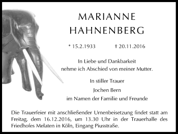 Anzeige von Marianne Hahnenberg von Kölner Stadt-Anzeiger / Kölnische Rundschau / Express