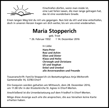 Anzeige von Maria Stopperich von Kölner Stadt-Anzeiger / Kölnische Rundschau / Express