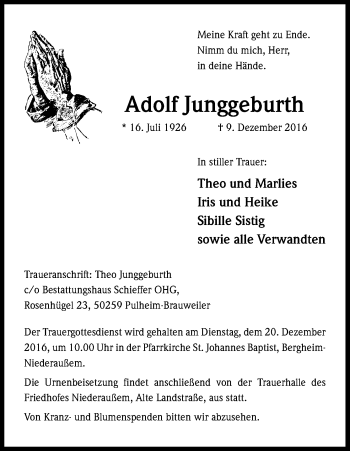 Anzeige von Adolf Junggeburth von Kölner Stadt-Anzeiger / Kölnische Rundschau / Express
