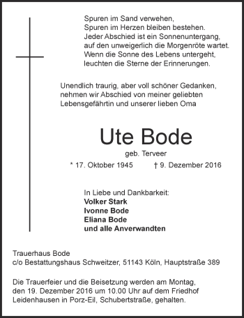 Anzeige von Ute Bode von  Kölner Wochenspiegel 