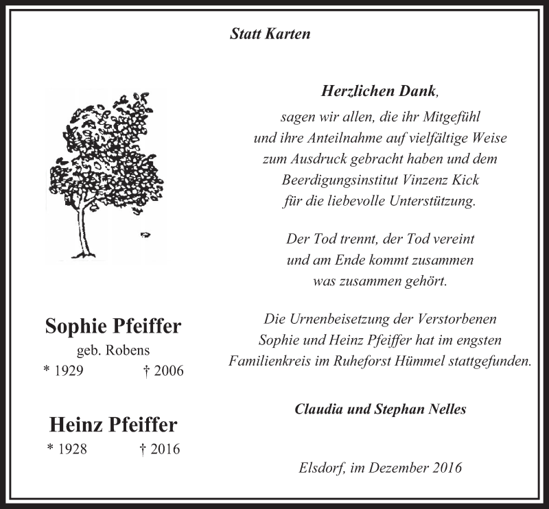  Traueranzeige für Sophie, Heinz Pfeiffer vom 03.12.2016 aus  Sonntags-Post 