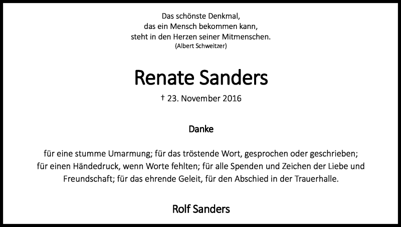  Traueranzeige für Renate Sanders vom 21.12.2016 aus Kölner Stadt-Anzeiger / Kölnische Rundschau / Express
