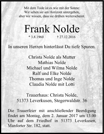 Anzeige von Frank Nolde von Kölner Stadt-Anzeiger / Kölnische Rundschau / Express