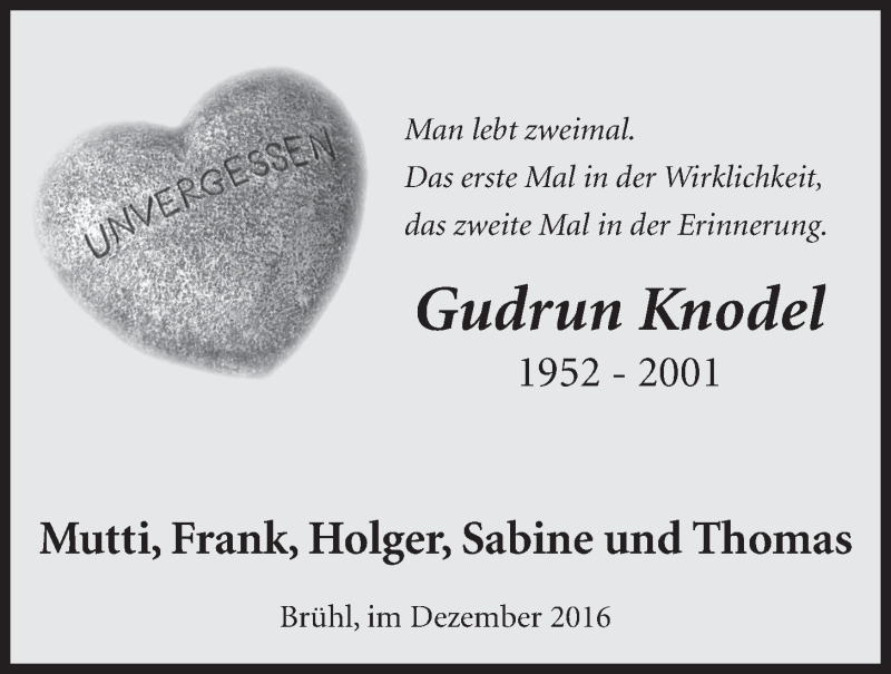  Traueranzeige für Gudrun Knodel vom 28.12.2016 aus  Schlossbote/Werbekurier 