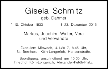Anzeige von Gisela Schmitz von Kölner Stadt-Anzeiger / Kölnische Rundschau / Express