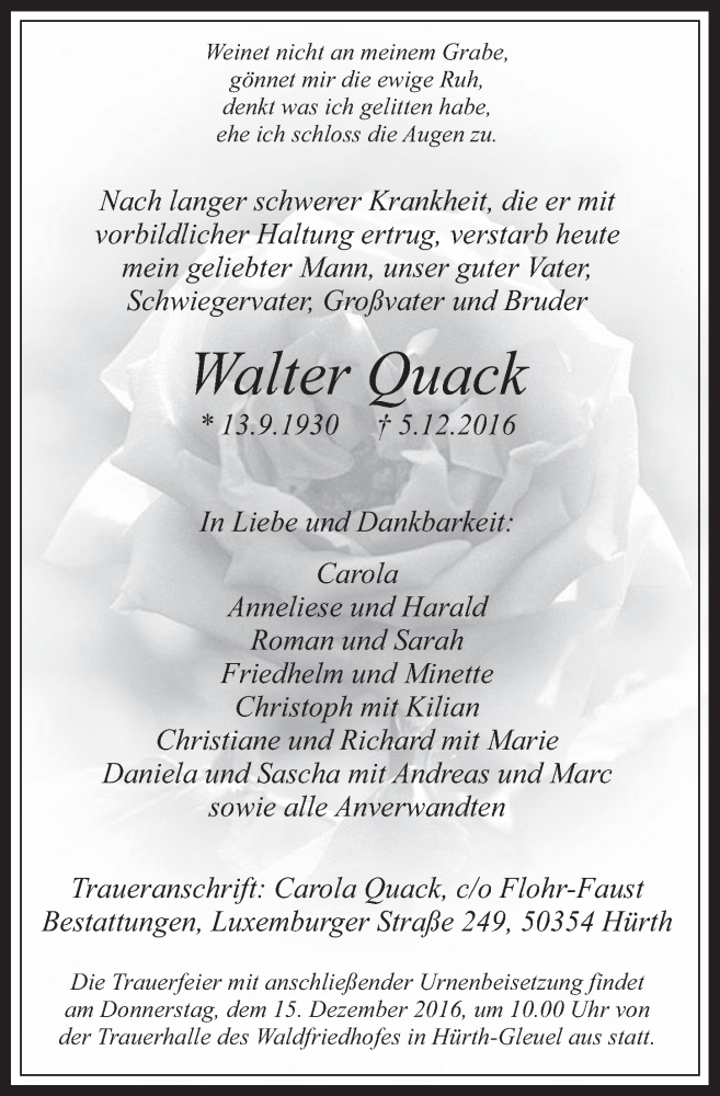  Traueranzeige für Walter Quack vom 14.12.2016 aus  Wochenende 