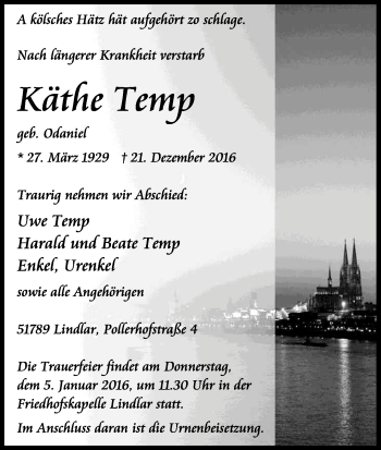 Anzeige von Käthe Temp von Kölner Stadt-Anzeiger / Kölnische Rundschau / Express