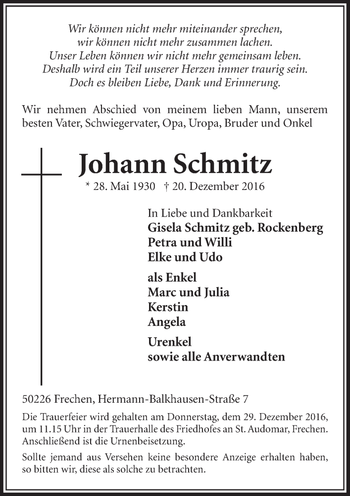  Traueranzeige für Johann Schmitz vom 24.12.2016 aus  Sonntags-Post 