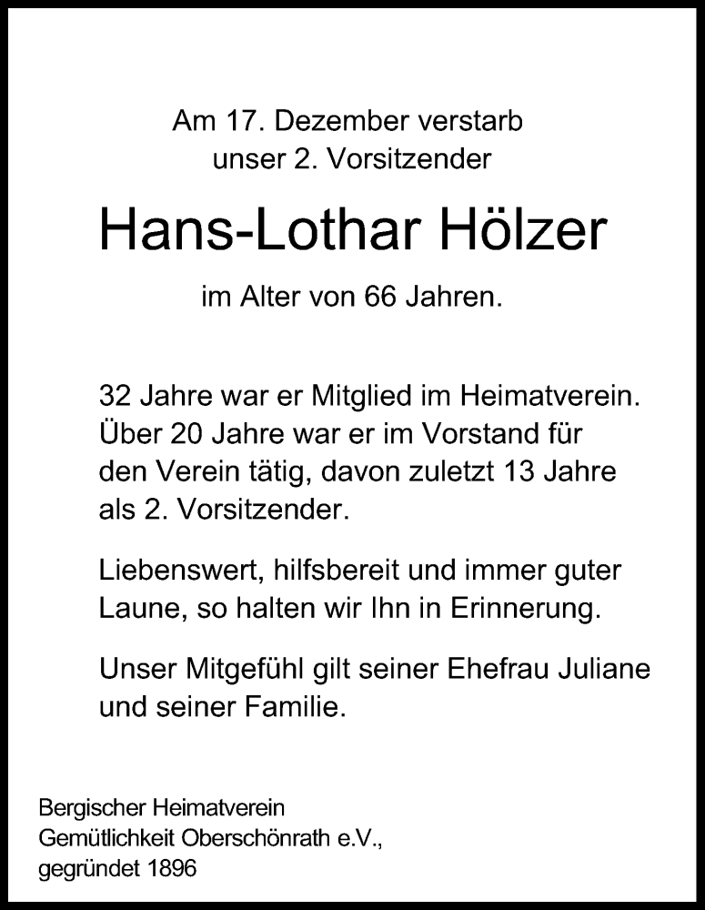  Traueranzeige für Hans-Lothar Hölzer vom 23.12.2016 aus Kölner Stadt-Anzeiger / Kölnische Rundschau / Express