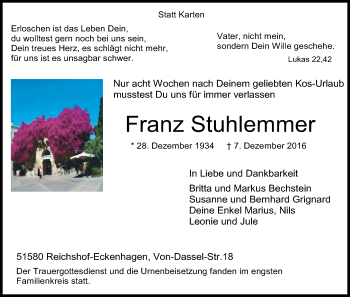 Anzeige von Franz Stuhlemmer von Kölner Stadt-Anzeiger / Kölnische Rundschau / Express