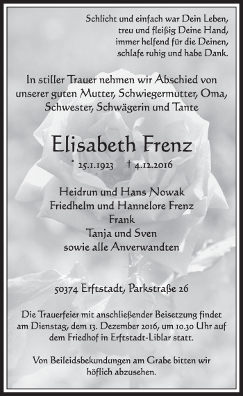 Anzeige von Elisabeth Frenz von  Sonntags-Post 