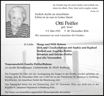 Anzeige von Otti Peiffer von Kölner Stadt-Anzeiger / Kölnische Rundschau / Express