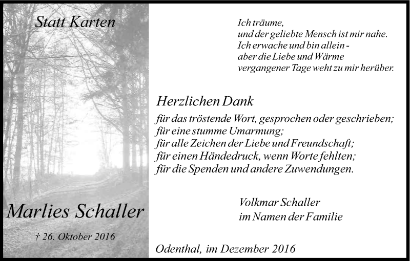  Traueranzeige für Marlies Schaller vom 03.12.2016 aus Kölner Stadt-Anzeiger / Kölnische Rundschau / Express