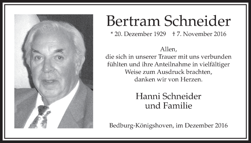  Traueranzeige für Bertram Schneider vom 24.12.2016 aus  Sonntags-Post 