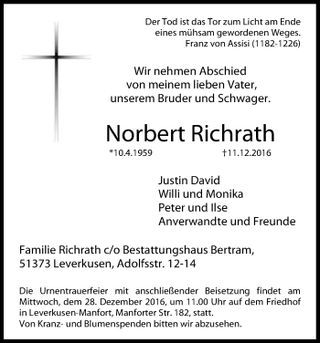 Anzeige von Norbert Richrath von Kölner Stadt-Anzeiger / Kölnische Rundschau / Express