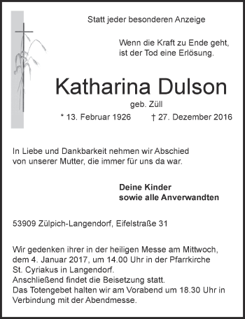 Anzeige von Katharina Dulson von  Blickpunkt Euskirchen 