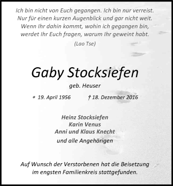 Anzeige von Gaby Stocksiefen von Kölner Stadt-Anzeiger / Kölnische Rundschau / Express