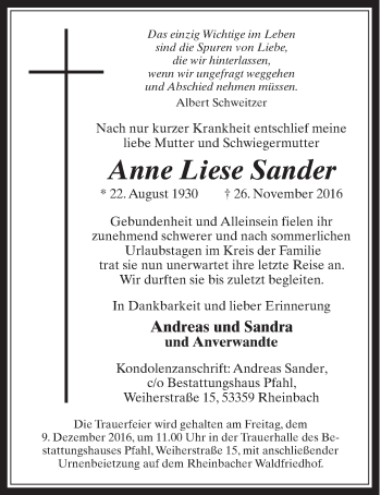 Anzeige von Anne Liese Sander von  Schaufenster/Blickpunkt 