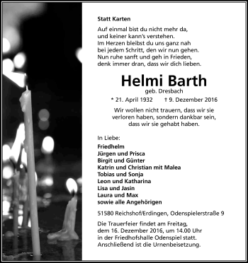 Anzeige von Helmi Barth von Kölner Stadt-Anzeiger / Kölnische Rundschau / Express