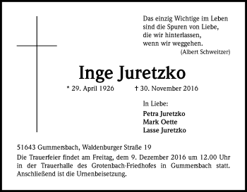 Anzeige von Inge Juretzko von Kölner Stadt-Anzeiger / Kölnische Rundschau / Express
