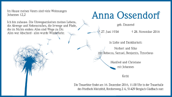 Anzeige von Anna Ossendorf von Kölner Stadt-Anzeiger / Kölnische Rundschau / Express