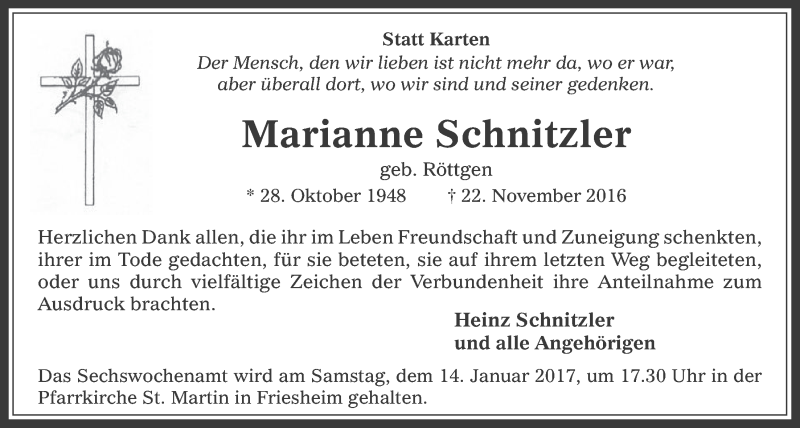  Traueranzeige für Marianne Schnitzler vom 28.12.2016 aus  Werbepost 