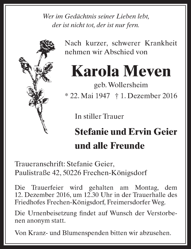  Traueranzeige für Karola Meven vom 07.12.2016 aus  Wochenende 