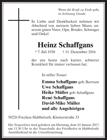 Anzeige von Heinz Schaffgans von  Wochenende 