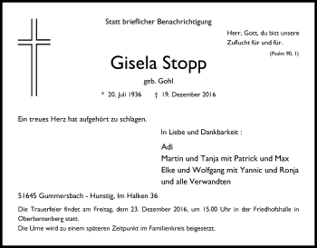 Anzeige von Gisela Stopp von Kölner Stadt-Anzeiger / Kölnische Rundschau / Express