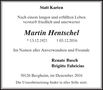 Anzeige von Martin Hentschel von  Sonntags-Post 