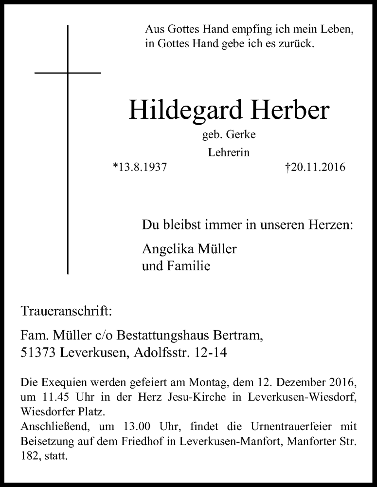  Traueranzeige für Hildegard Herber vom 06.12.2016 aus Kölner Stadt-Anzeiger / Kölnische Rundschau / Express