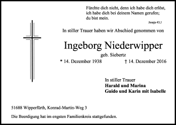 Anzeige von Ingeborg Niederwipper von Kölner Stadt-Anzeiger / Kölnische Rundschau / Express